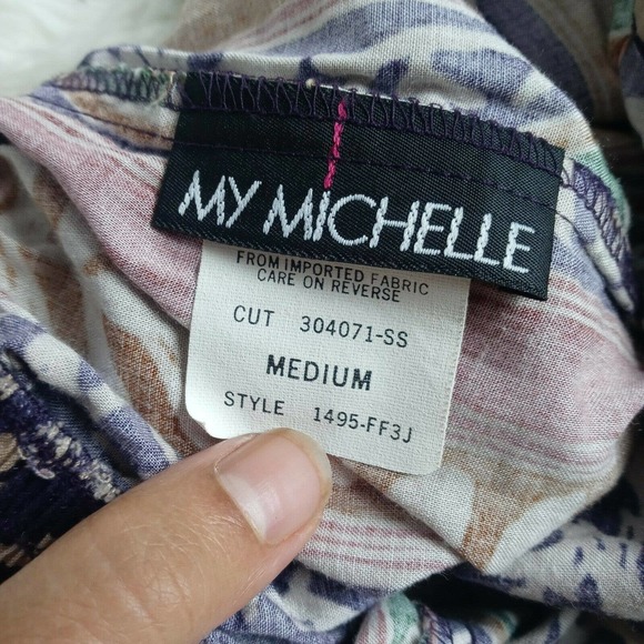 My Michelle Women's Shorts Shirt Set Biege Purple Floral Tie Front Button VTG - Picture 9 of 10